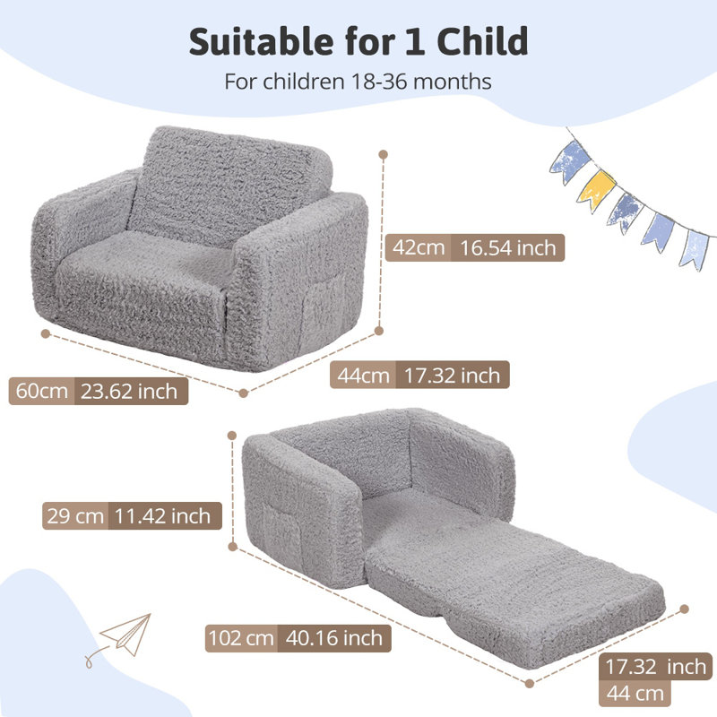 Kids Couch, Kids Sleeper Chairs for Toddler, Kids Folding Sofa, Gray