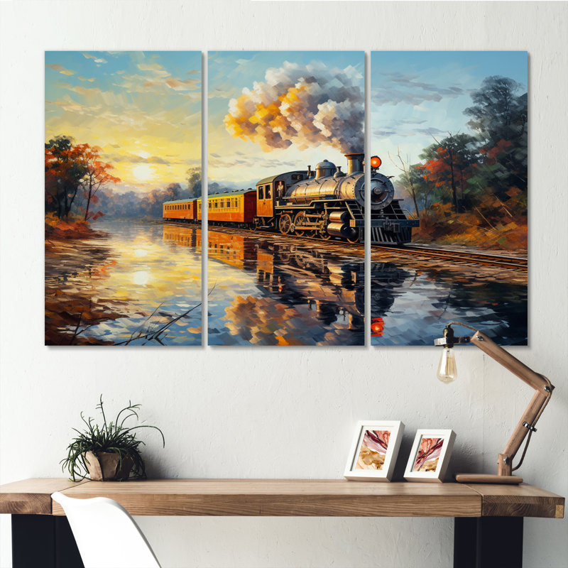 " Steamtrain Travelling In The Sunset Painting " 3 - Pieces, 40" H x 60" W x 1" D