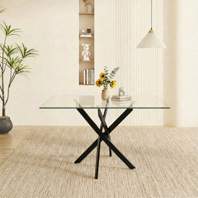 Table de salle à manger moderne en verre de 47 po avec pieds en métal noir - Table de cuisine rectangulaire et bureau en verre trempé