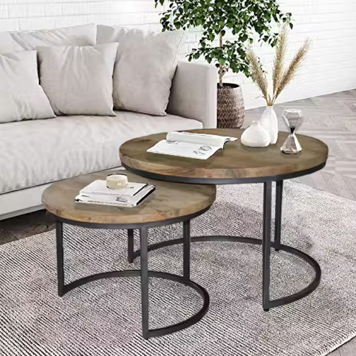 Design Gallerie 2 Piece Round Nesting Tables, Mango Wood Top & Metal
