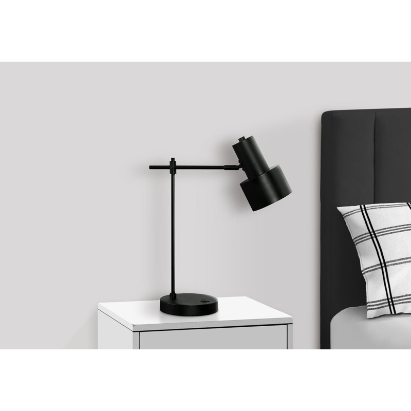 Lighting, H 21 po, lampe de table, port USB inclus, métal noir, abat-jour noir, moderne