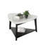 Table basse triangulaire de style contemporain avec espace de rangement inférieur et salon principal en marbre