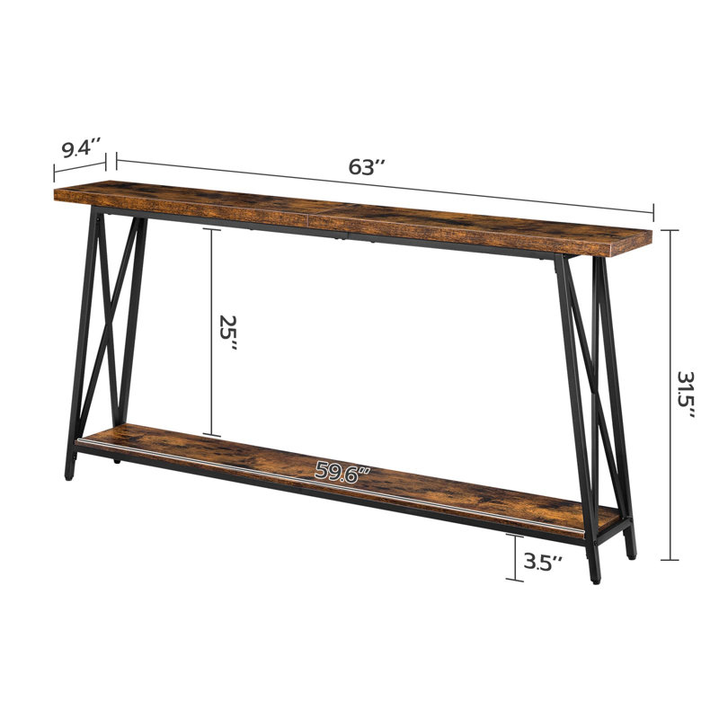 Sabira Extra Long Console Table,Narrow Console Table Behind Couch, 31.5" H x 63" W x 9.45" D, Rustic Brown