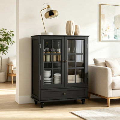 Minimalist Blue Buffet Cabinet With Double Glass Doors And Drawer, Modern Wooden Storage Sideboard Cupboard For Living Room, Dining Room Hallway Entryway(Vintage Blue)