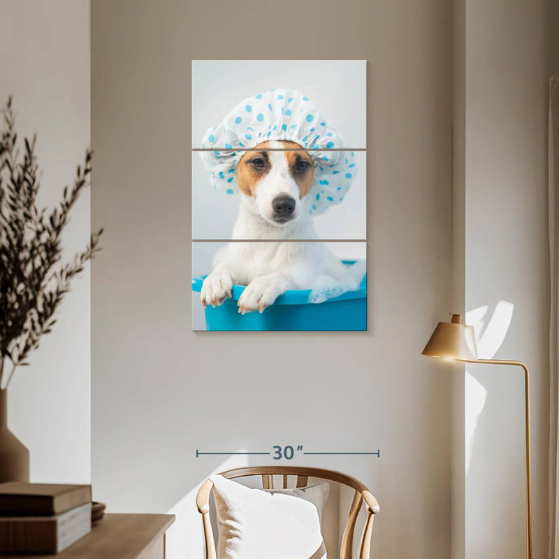 Ketti terrier au bain bleu, H 57 po x l 36 po
