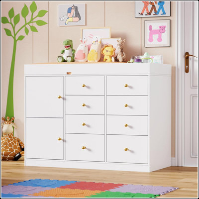 Baby Classic Nursery Dresser with 8 Drawers and 2 Cabinets, Multi-Functional Changing Table for Children's Room