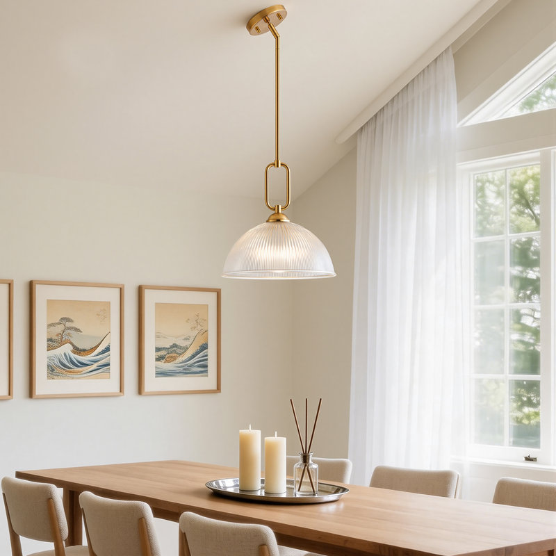 12’’ Pendant Light With Ribbed Glass Shade, Brushed Gold