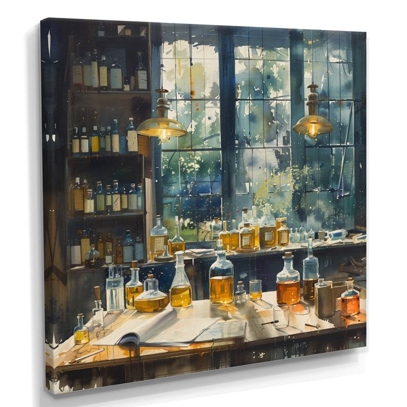 Décoration murale laboratoire de recherche chimique bleu et jaune I - Laboratories, Toile tendue, H 30 po x l 30 po x P 1 po