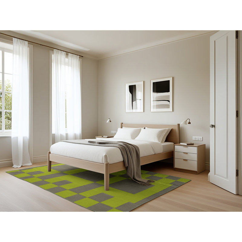 Machine Washable Checkered Green Area Rug, Rectangle 5' x 7'