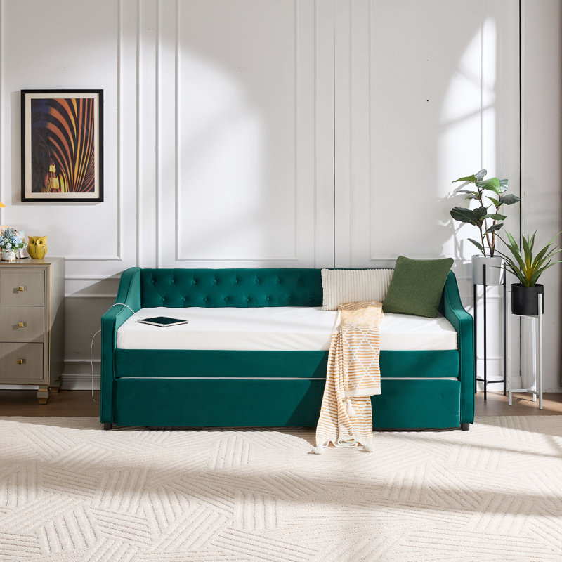 Velvet Upholstery Daybed with Trundle,USB Port ,Side Pockets, Emerald