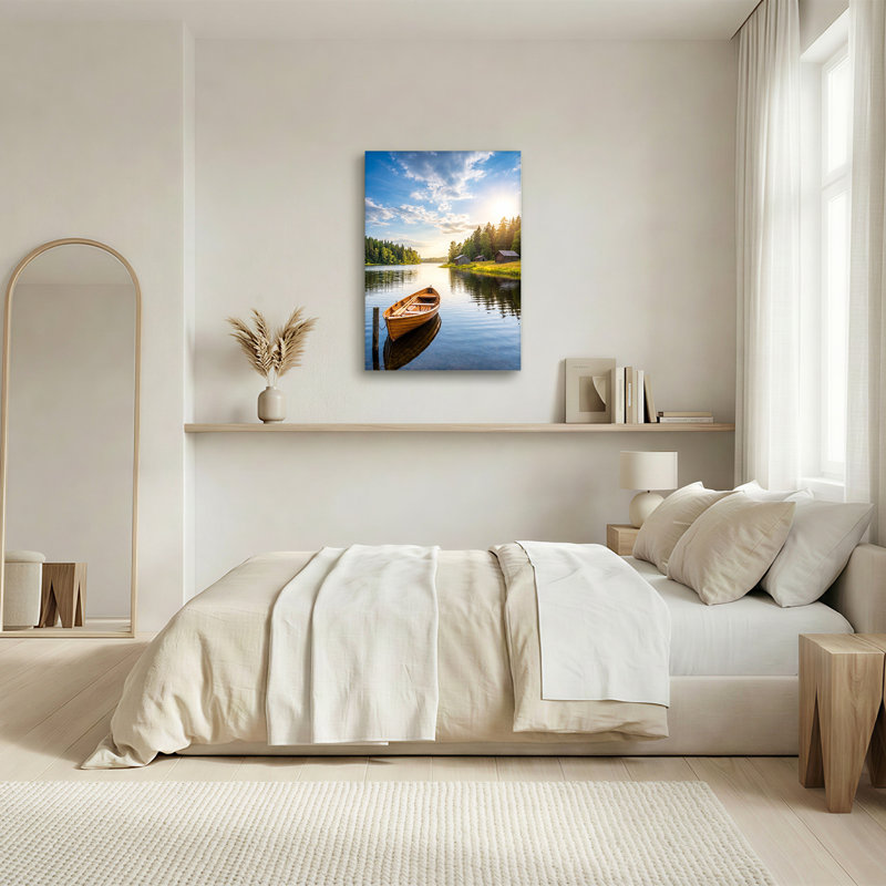 Toile en bois sur le lac calme près de la forêt, art mural, H 30 po x l 20 po