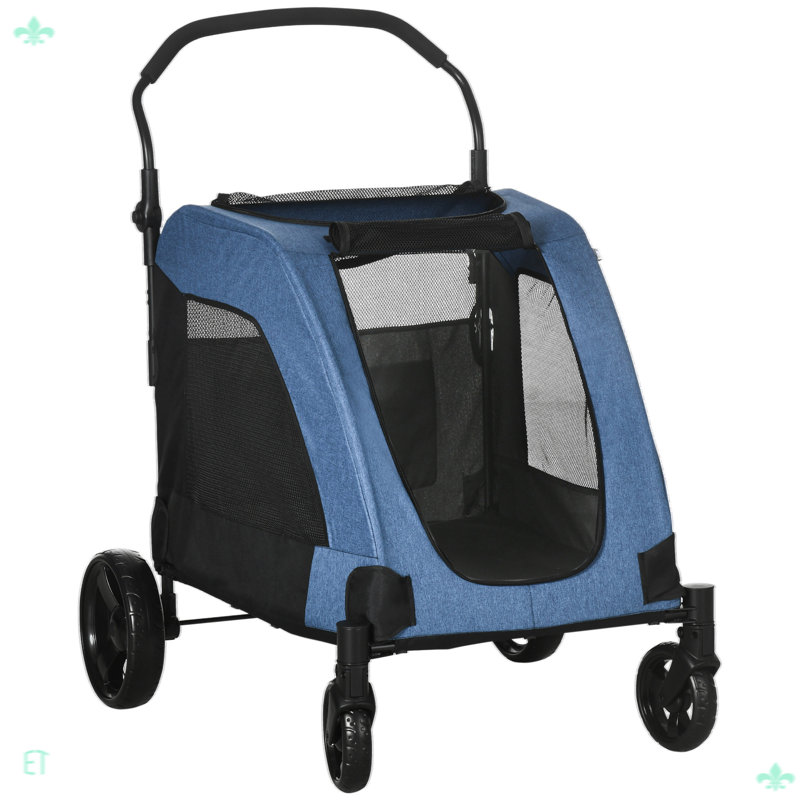 Pet Stroller Universal Wheel With Storage Basket Ventilated Foldable, Blue