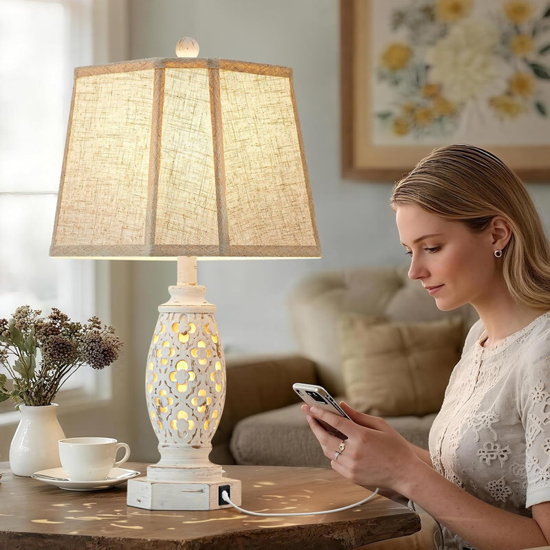 Ensemble de 2 lampes de table 23,5 "rétro avec USB A + C et veilleuse - Lampe de bureau en résine sculptée pour chambres à coucher, tables de bout, salon, ampoules incluses