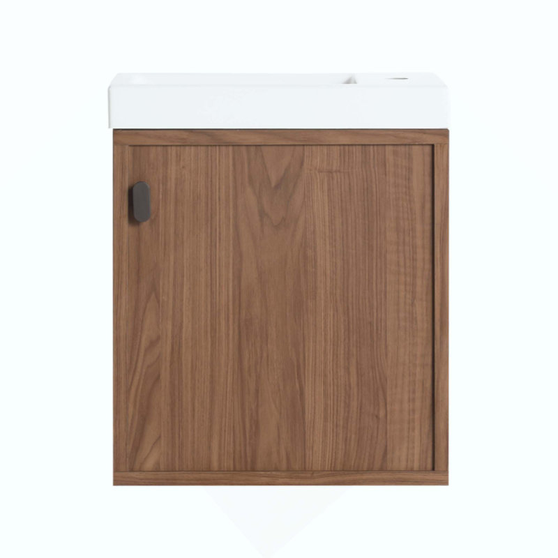 Meuble-lavabo mural avec lavabo en résine, porte simple à fermeture douce, panneau de fibres à densité moyenne, Noyer
