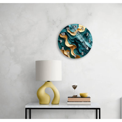 Horloge murale luxueuse en or bleu sarcelle - art en verre trempé abstrait 3D, grande montre circulaire moderne, cadeau de bureau élégant pour la décoration intérieure