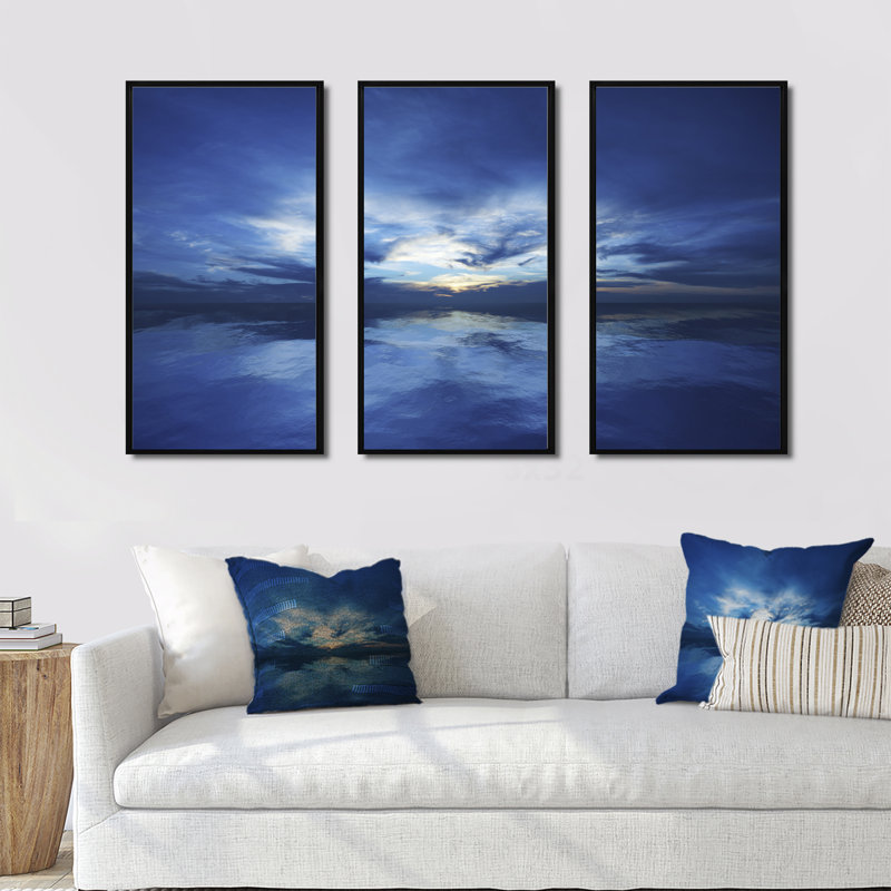"Blue Waters" et "Blue Sky Sunset" - ensemble d'art mural sur toile encadrée "Sea & Shore", H 28 po x l 36 po, Noir