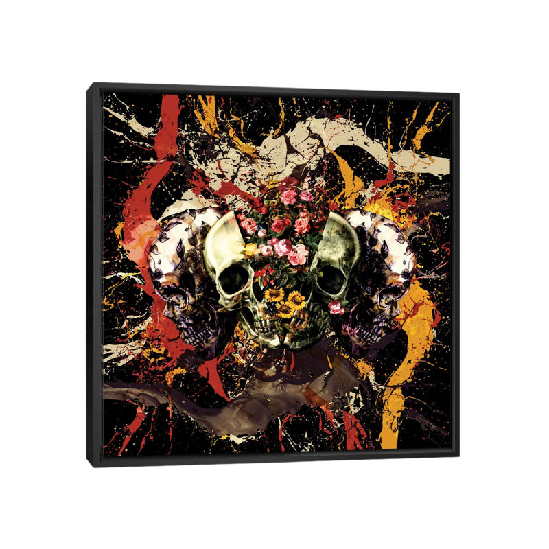 Crâne I, impression sur toile tendue, H 18 po x l 18 po x P 1,5 po, Toile avec cadre noir, Blanc