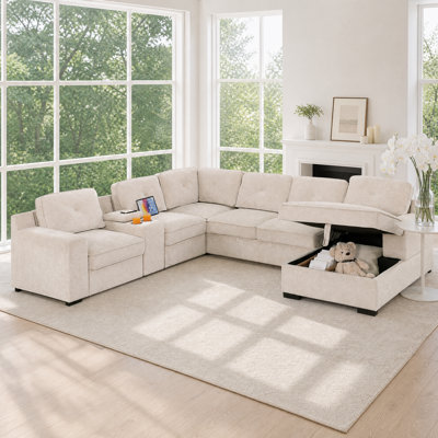 119.5‘’Chenille Sectional Sofa With Integrated Console And Storage