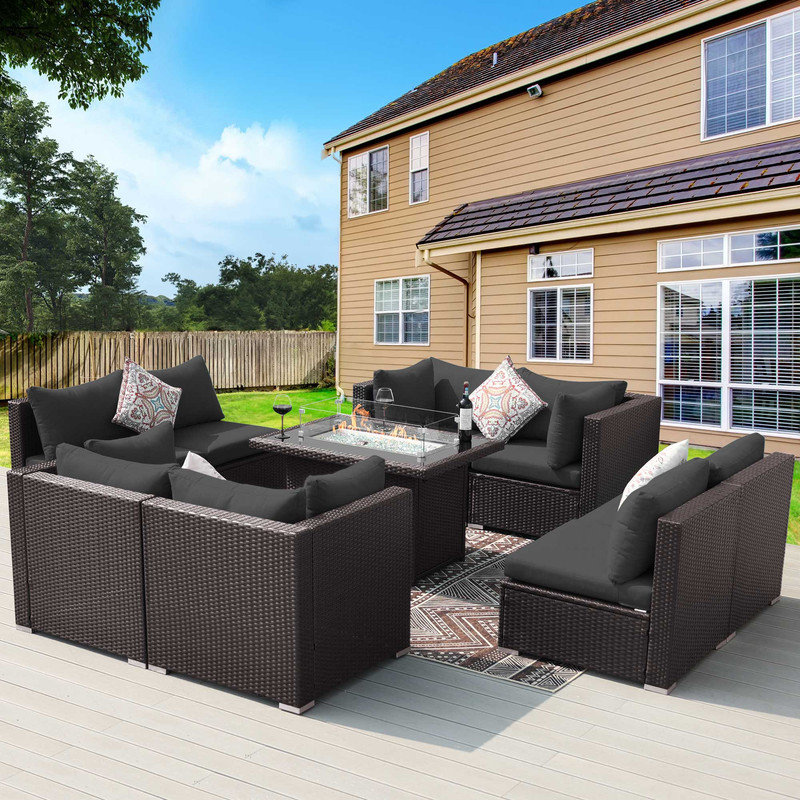 8 - Person Wicker Patio Conversation Furniture Set with Fire Pit Table and Cushions, Sectional Deep Seating Group, Dark Gray