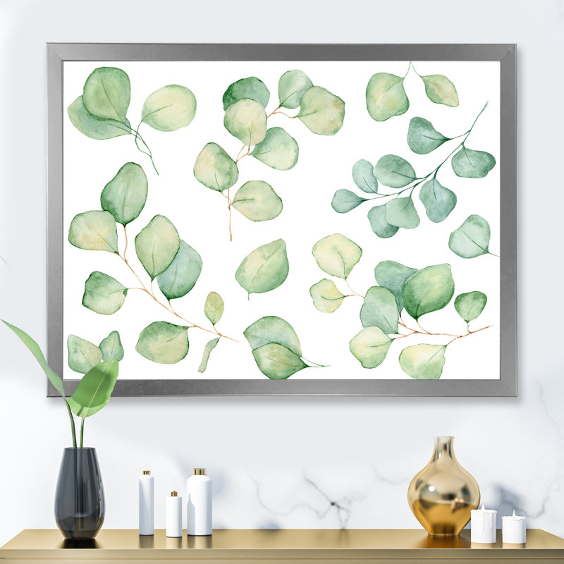 Illustration de feuilles d'eucalyptus isolées sur fond blanc I - Peinture sur toile, H 24 po x l 32 po, Cadre photo argenté