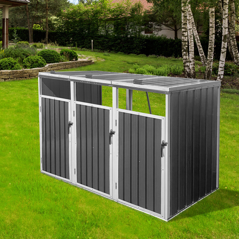 La remise à poubelle permet de ranger 3 poubelles en métal pour le rangement des ordures, Blanc / Gris