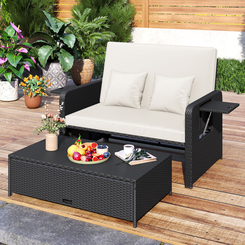 2 Pcs Pe Wicker Outdoor Daybed With 4-level Adjustable Backrest, Storage Ottoman White + Black