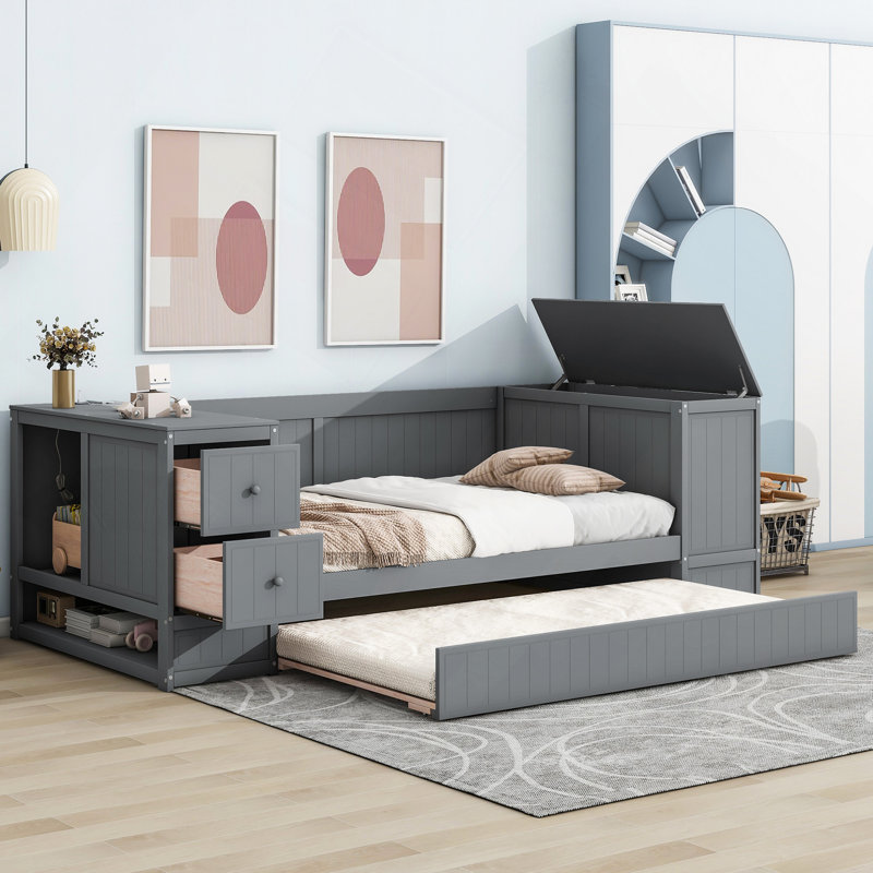 Daybed With Storage Arms, Trundle And Charging Station, Gray