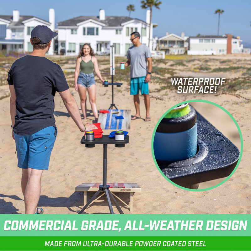 All Weather Black Steel Cornhole Scoreboard Tables with Drink Holders