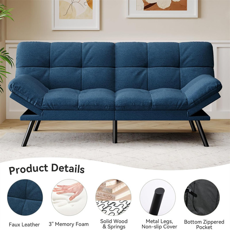 71" Convertible Futon Sofa,Memory Foam Futon Couch Bed,Linen Sleeper Sofa Bed,Small Splitback Modern Loveseat For Living Room,Office,Apartment