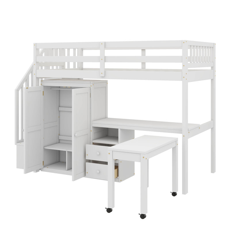 Lit mezzanine tout compris avec escalier intégré, bibliothèque, tiroirs, espace de travail et garde-robe, solution multifonctionnelle idéale