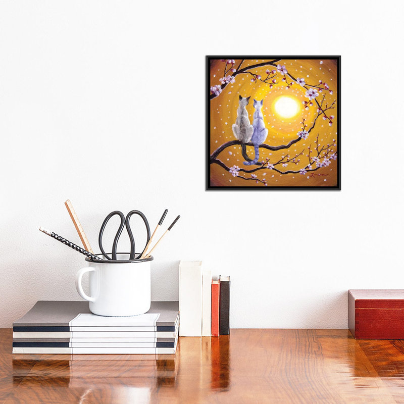 «Siamese Cats Nestled In Golden Sakura», reproduction sur toile tendue, H 12 po x l 12 po x P 1,5 po, Toile avec cadre noir