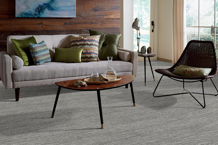 mid-century modern living room with gray carpet
