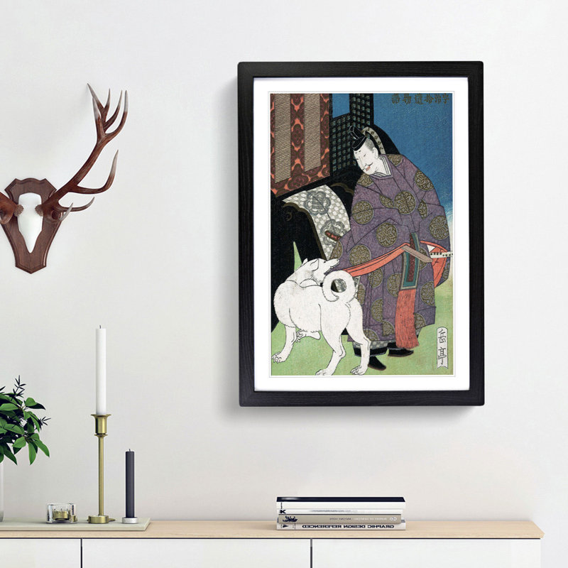 Nobleman with His Dog by Yashima Gakutei - Framed Print, 36cm H x 27cm W x 2cm D, Black Framed