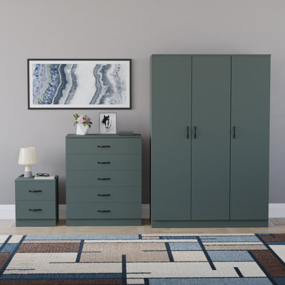 Maybery 3 Piece Bedroom Set (2 Drawer Bedside Chest, 5 Drawer Chest, 3 Door Wardrobe), (5)