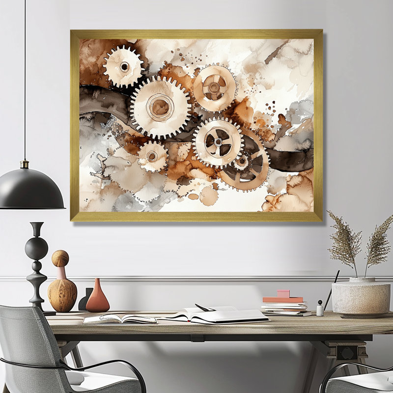 Gears and Cogs Of Innovation II - Innovation, art mural salon, H 30 po x l 40 po, Doré