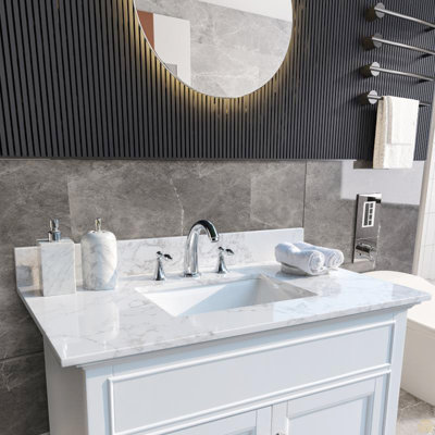 Bathroom Vanity Top Stone Carrara Tops With Rectangle Undermount Ceramic Sink  And Back Splash With 3 Faucet Hole