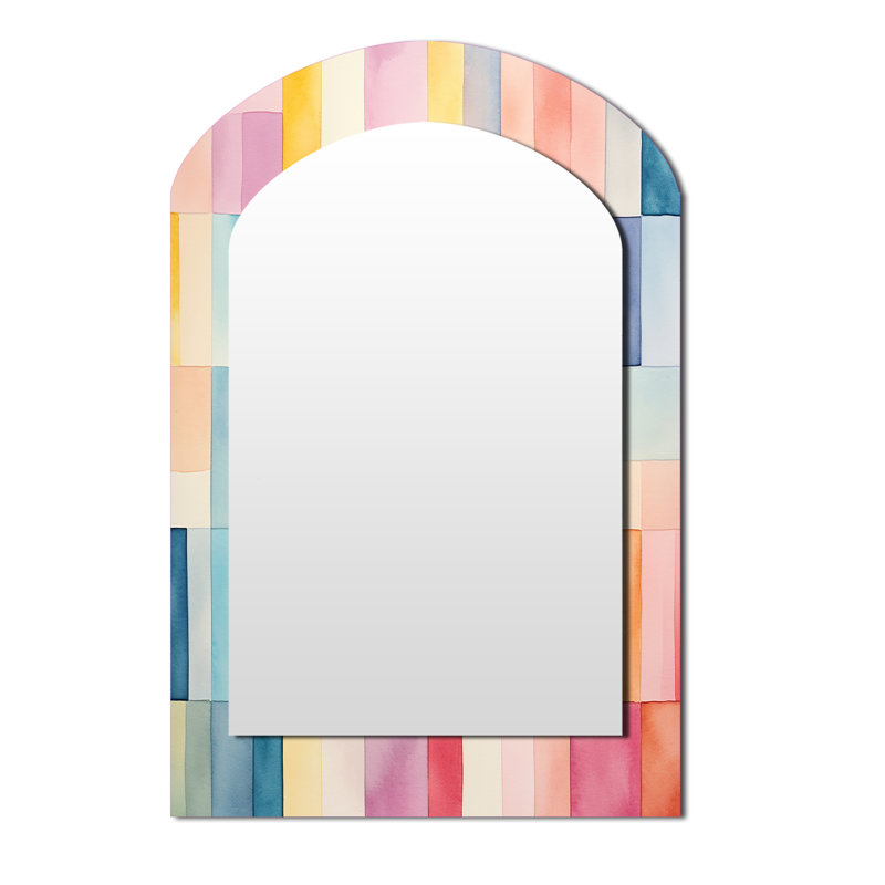 Midcentury pastel color cubes I - Geometric Asymmetrical Large Mirror, Modern Arch Unique Wall Mirror Decor, Printed Metal Art