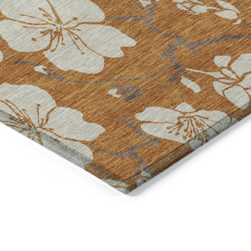 Paprika Floral Synthetic Washable Non-slip Rectangular Rug