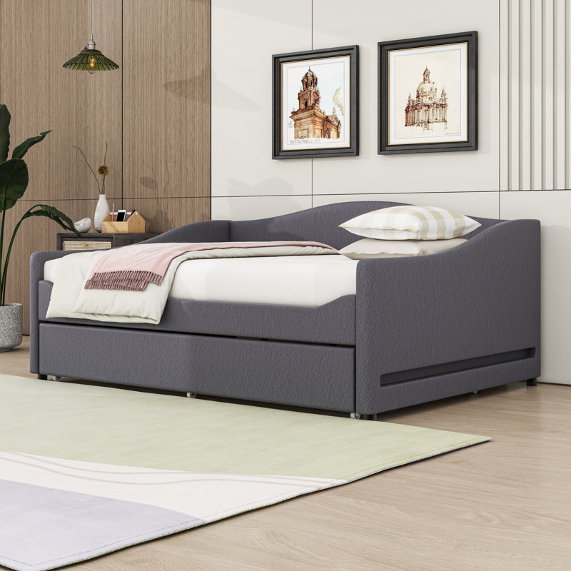 Upholstered Daybed with LED lights and a Twin Size Trundle, Gray, Full