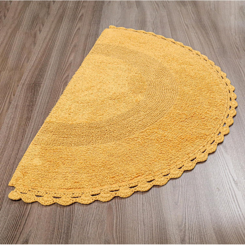Half Circle Boho Cotton Rug - Handwoven Crochet Border | 22x42" | Machine Washable | Linen, Honey Mustard