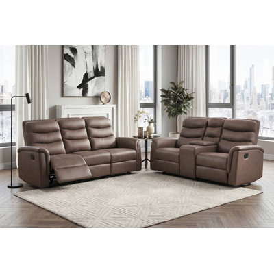 Modern Recliner Sofa Set 2pc Brown Sofa Loveseat Upholstery Comfort Seat Cup Holders Storage Console Wooden Living Room Furniture