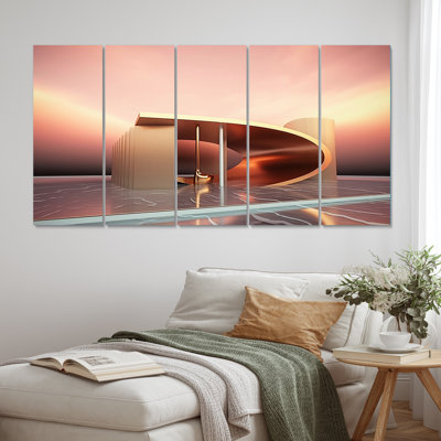 Pink & Architectural Curves Futuristic Minimal II - Futuristic Architecture Wall Art Print - 5 Equal Panels