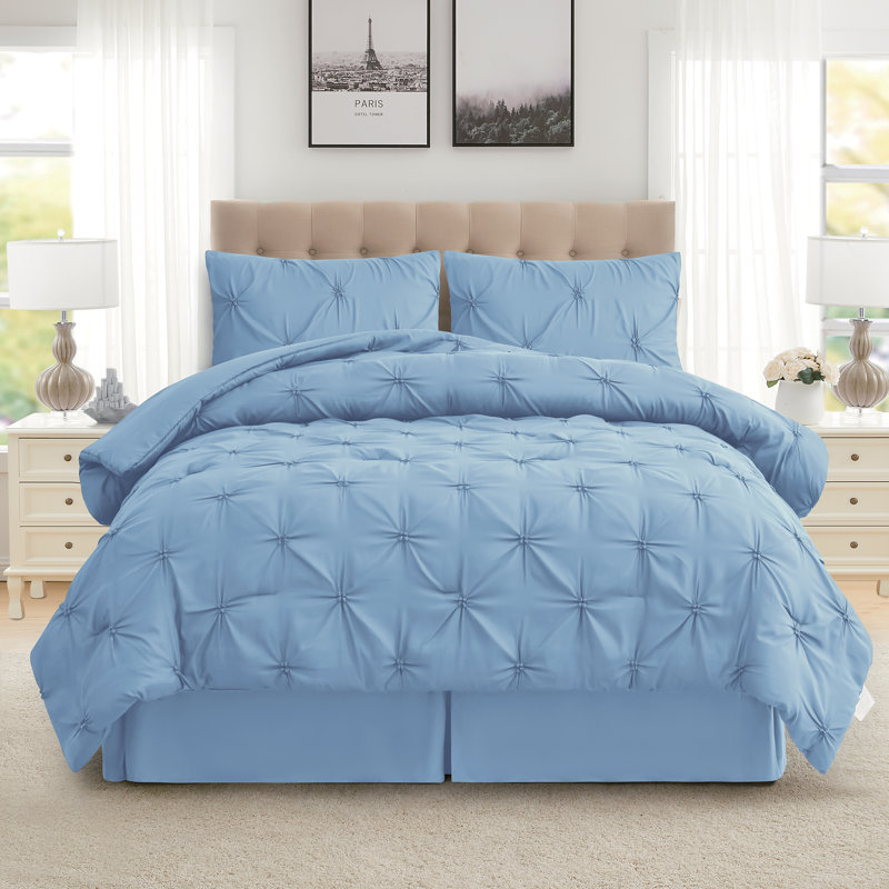 Ensemble d'édredon Classic Spring Pintuck, Bleu, Édredon double + 2 taies décoratives standards
