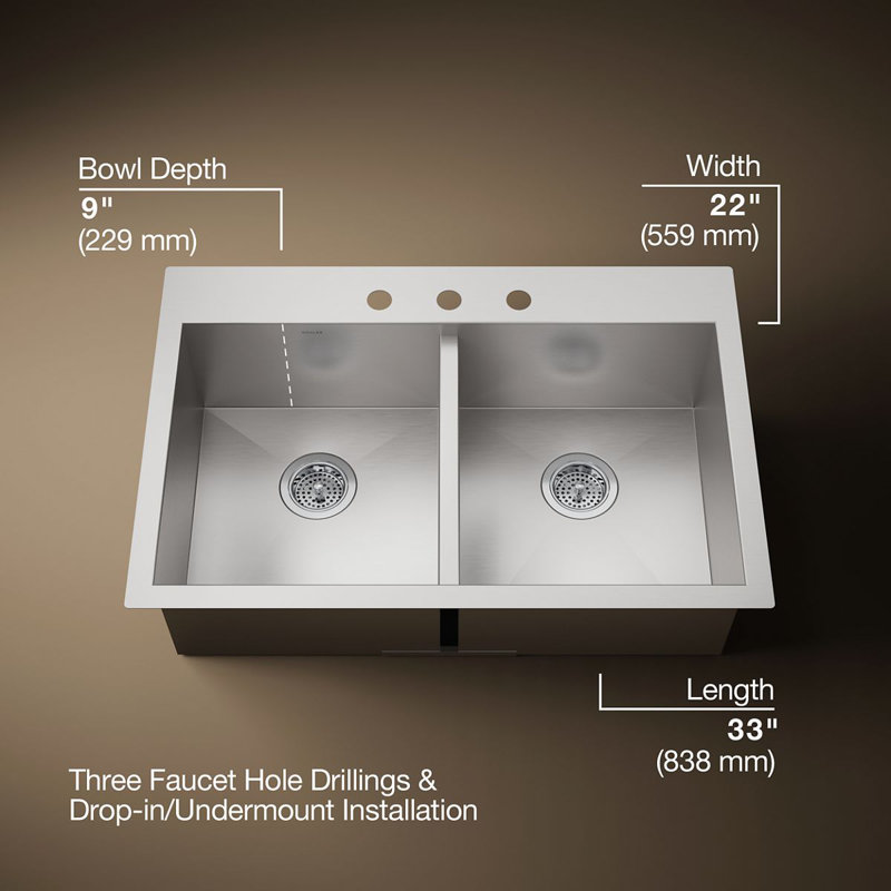 Évier de cuisine à double cuve avec trou de robinet simple Vault ™, 3 trous