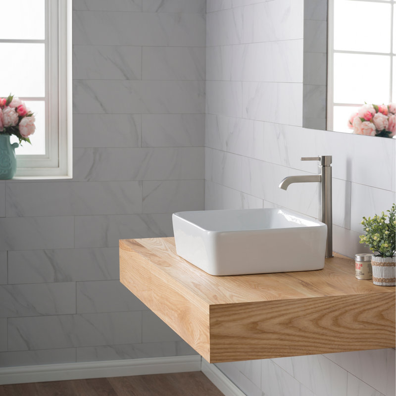 White Ceramic Rectangular Vessel Sink with Satin Nickel Faucet