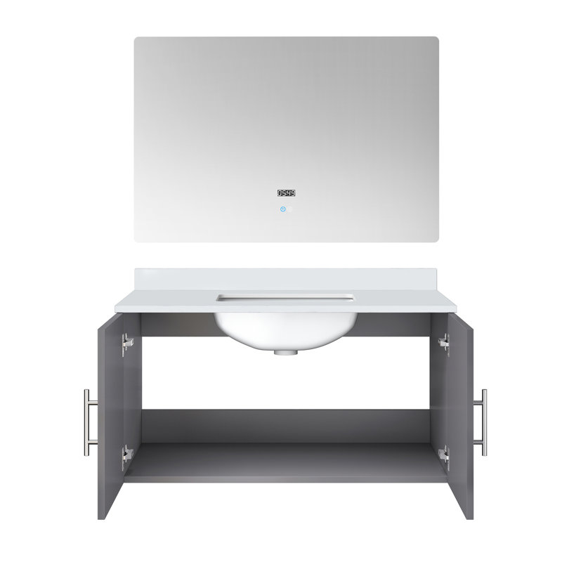 Meuble-lavabo de salle de bain gris foncé avec surface en quartz et Miroir - Espace de rangement intérieur spacieux