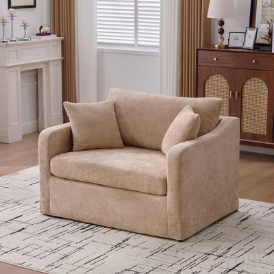 Fauteuil d'appoint 43,9 po de style campagne moderne rembourré avec pieds en métal noir, fauteuil de lecture en chenille et canapé avec deux traversins pour les bureaux et le salon, blé