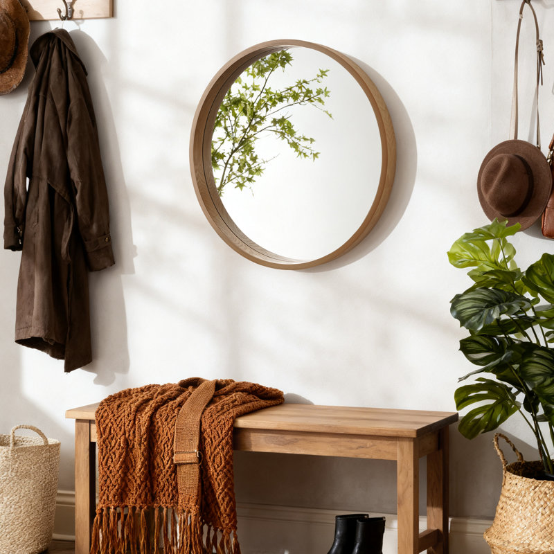 Miroir mural rond à cadre en bois - cadre épais de 2,5 pouces, 24" x 24", Natural