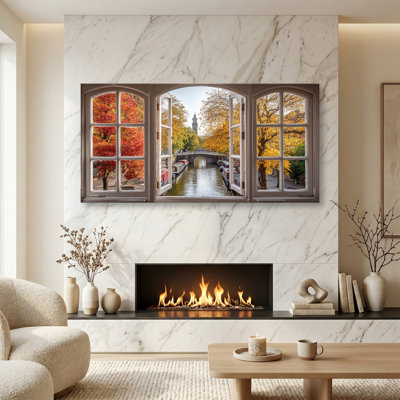 Rivière, fenêtre, art mural sur toile - Automne, rue européenne, peintures de paysage, impressions sur toile modernes, œuvre d'art horizontale pour le salon, chambre à coucher, décoration intérieure