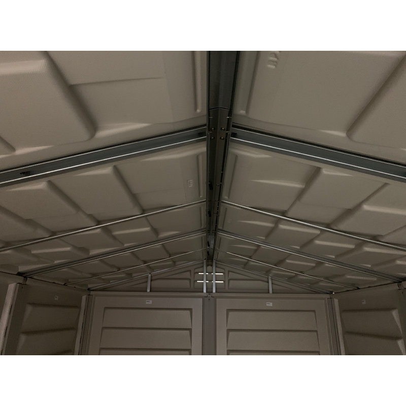 Gray Vinyl Resin Storage Shed with Shelving and Windows